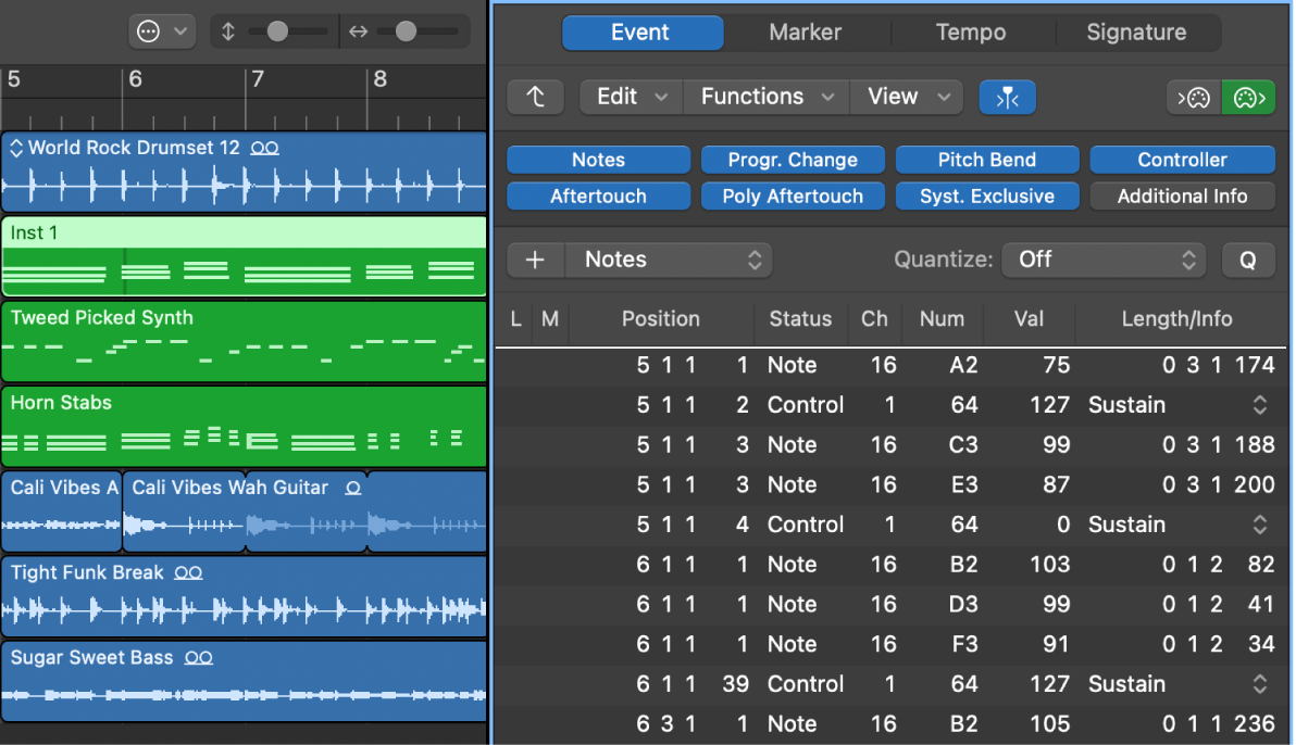 Figure. Event button showing all events in selected MIDI region.