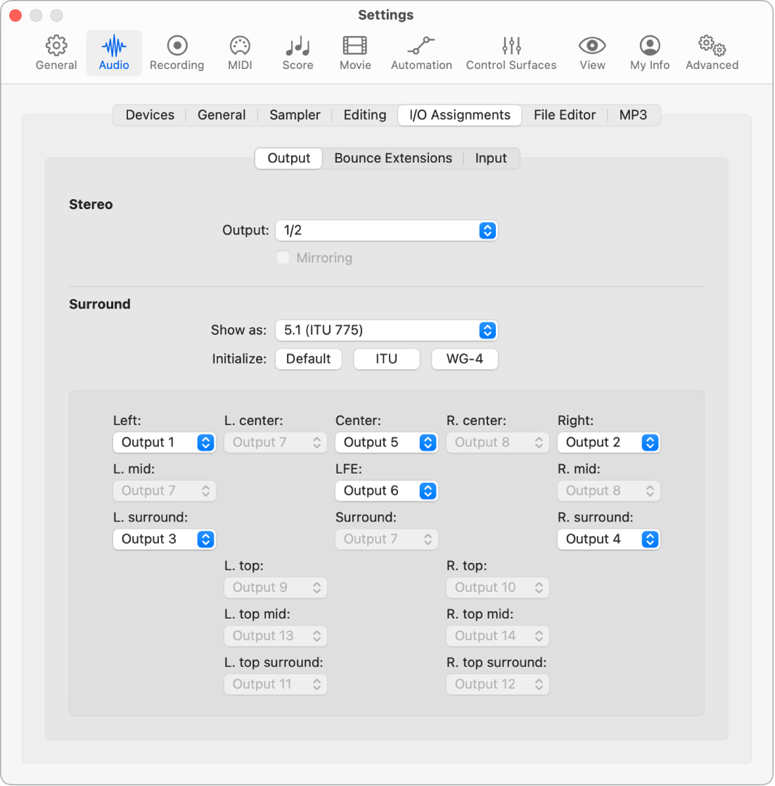 Figure. Output pane in the I/O Assignments pane in the Audio settings.