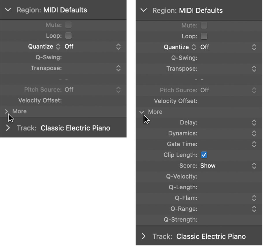 Figure. A pair of images showing audio and MIDI region quantization parameters in the Region inspector.