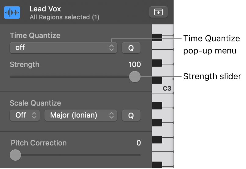 Figure. Time Quantize pop-up menu and Strength slider.