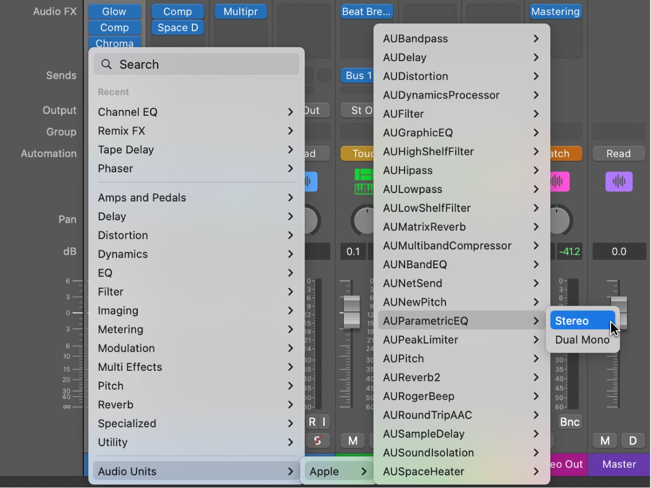 Audio Units submenu in the Plug-ins menu.