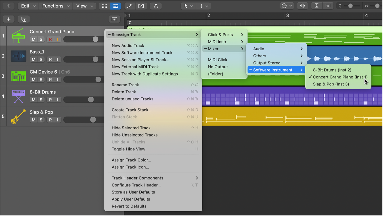 Figure. Reassign Track shortcut menu showing destinations.