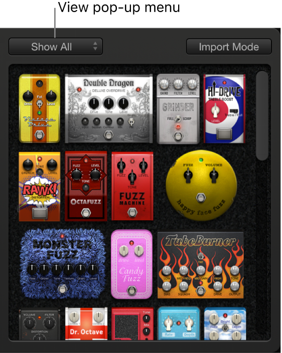 Figure. Pedal Browser, showing View pop-up menu and Import Mode button.