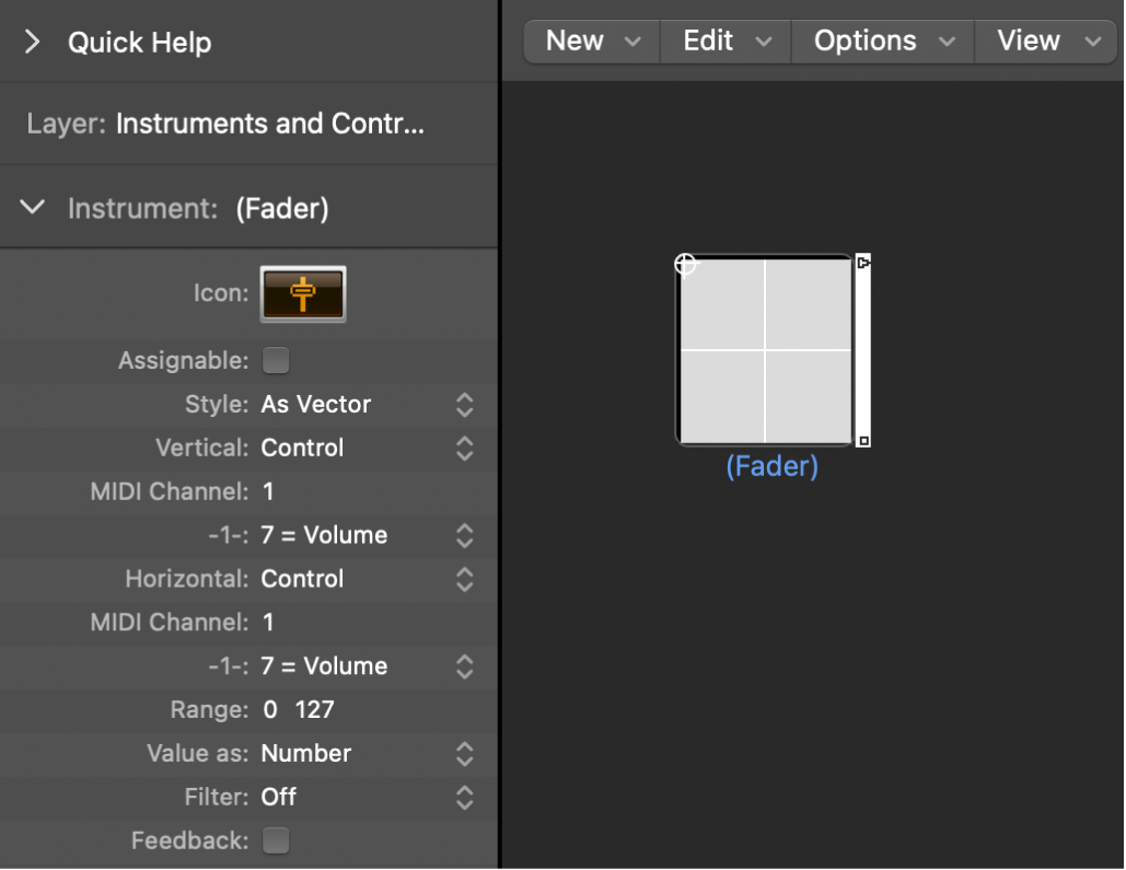 Figure. Environment window showing a vector fader object and its inspector.