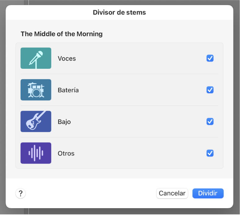 Ilustración. Cuadro de diálogo de “Divisor de stems” con partes seleccionadas para su extracción.