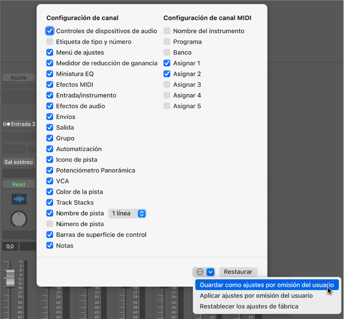 Ilustración. Guardar la configuración de canales actual como ajuste por omisión del usuario.