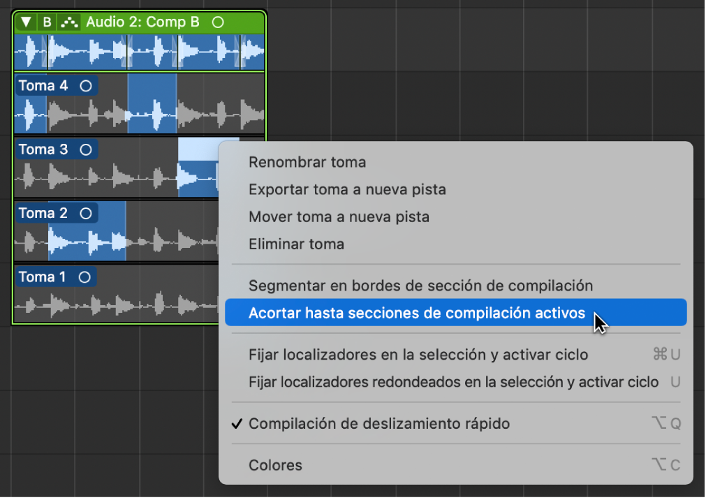 Ilustración. Se está seleccionando “Acortar hasta secciones de compilación activas” en el menú de función rápida.