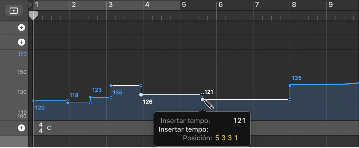 Ilustración. Se está insertando un evento cambio de tempo con la herramienta Lápiz.