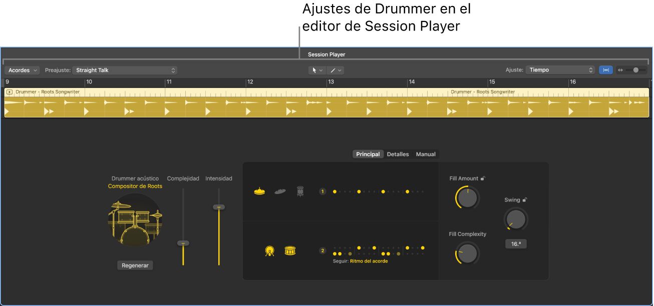 Ilustración. El editor de Session Player con ajustes de Drummer.