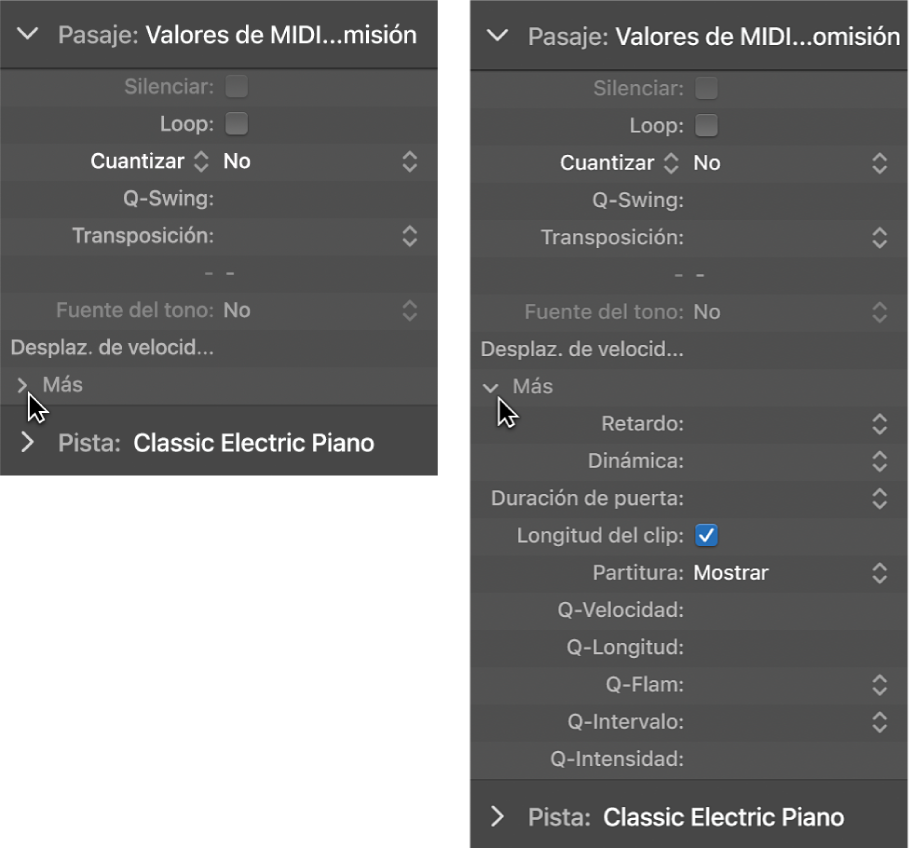 Ilustración. Par de imágenes con parámetros de cuantización de pasajes de audio y MIDI en el inspector de pasajes.