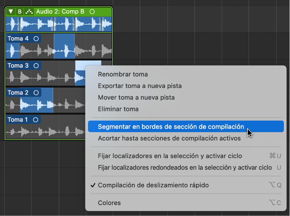 Ilustración. Se está seleccionando “Segmentar en bordes de sección de compilación” en el menú de función rápida.