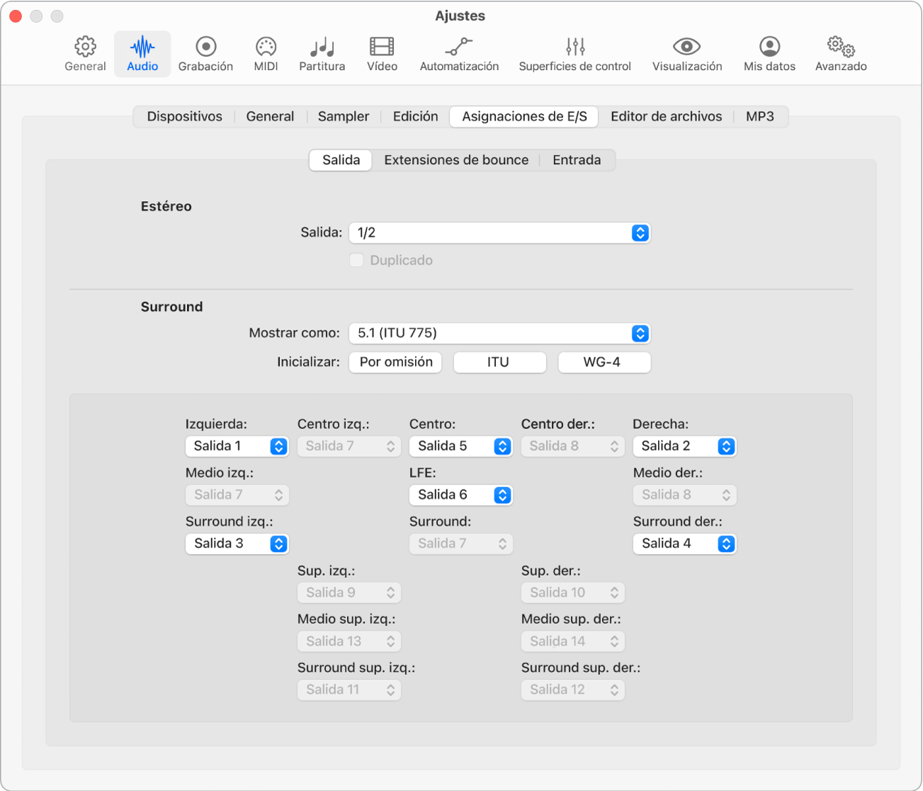 Ilustración. Panel Salida del panel “Asignaciones de E/S” en el panel de preferencias de audio.
