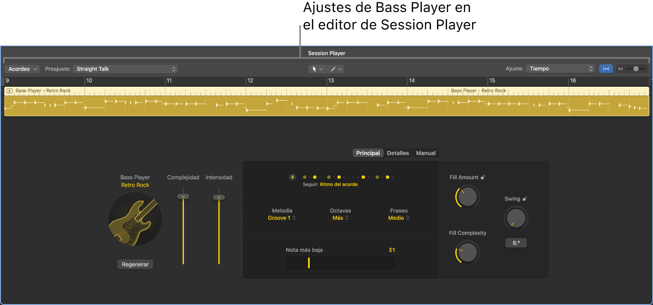 Ilustración. El editor de Session Player con ajustes de Bass Player.