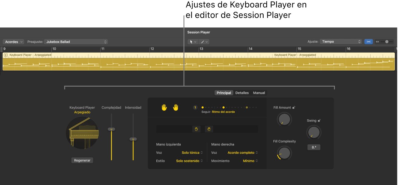 Ilustración. El editor de Session Player con ajustes de Keyboard Player.