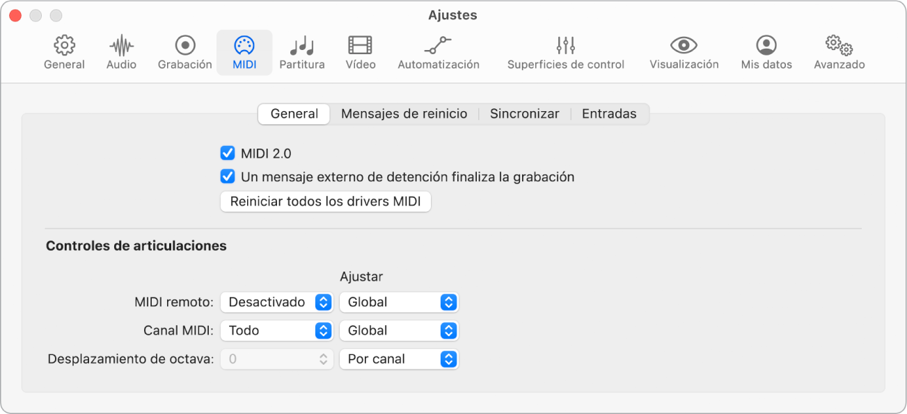 Ilustración. Ajustes generales de MIDI.