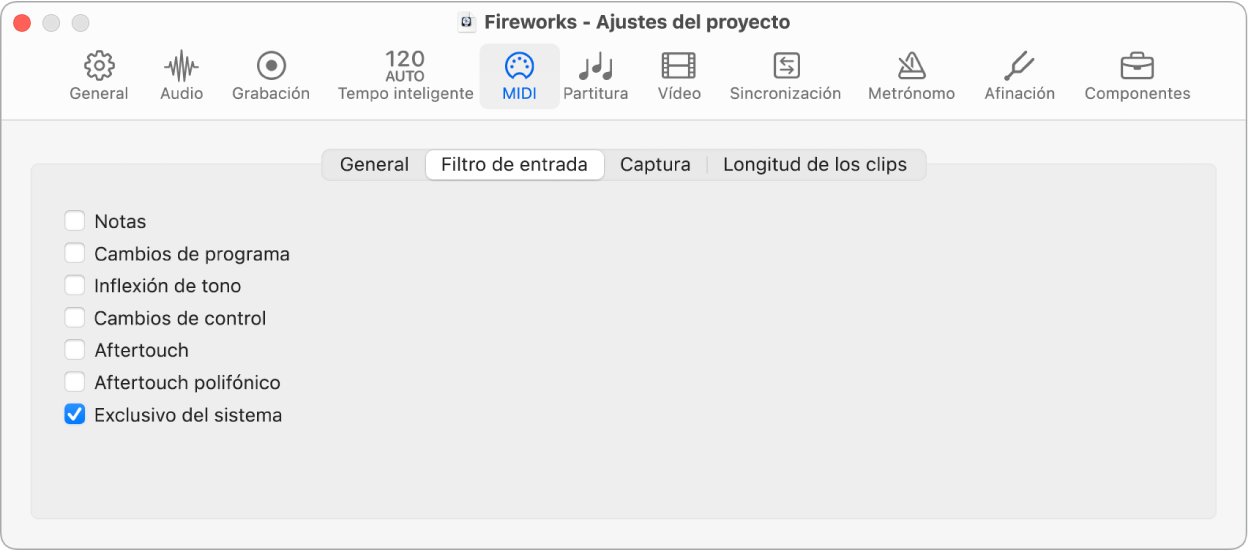 Ilustración. Pestaña “Filtro de entrada” del panel MIDI de ajustes del proyecto.
