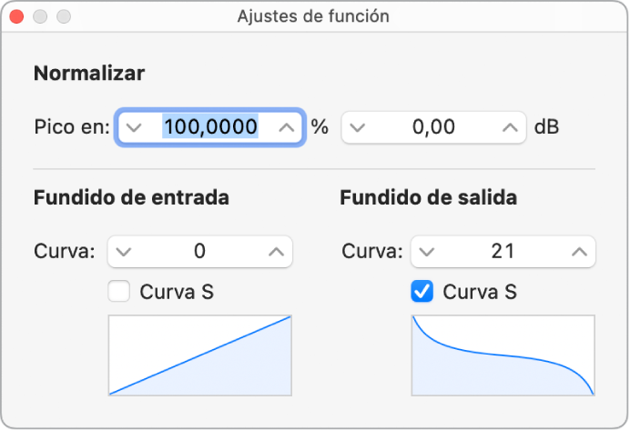 Ilustración. Ventana “Ajustes de función” con curva con forma de S en “Fundido de salida”.