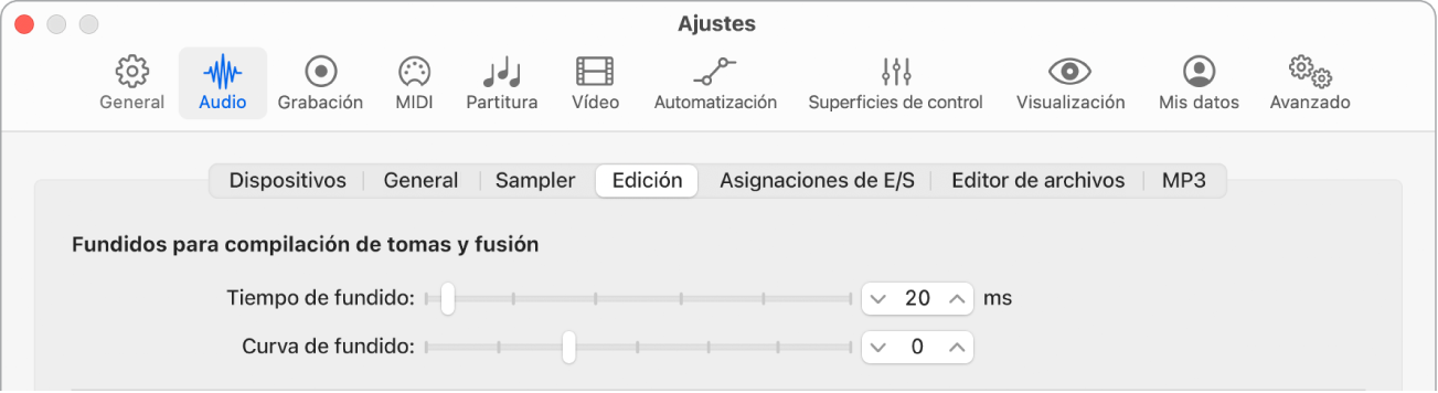 Ilustración. Los ajustes de edición de audio con los parámetros de fundido.