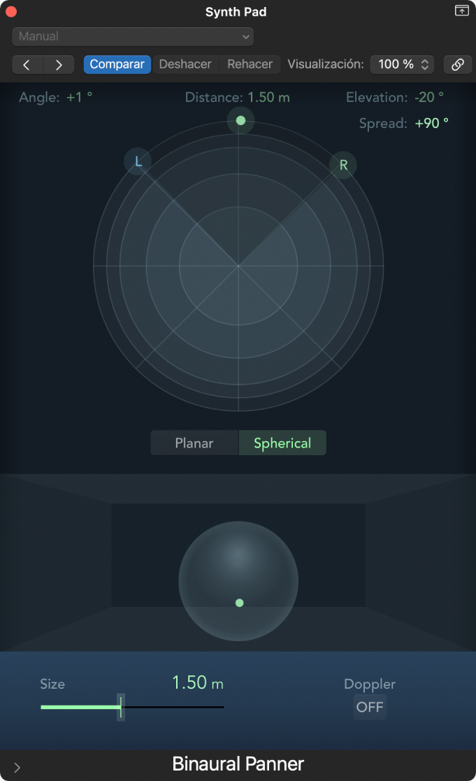 Ilustración. Modo Esférico en la ventana del control de balance biaural.