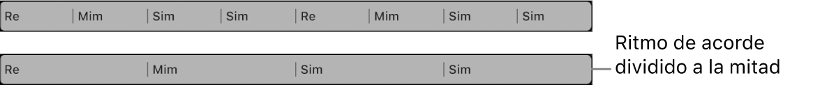 Ilustración. Grupo de acordes seleccionado en la pista de acordes, y después con el ritmo de los acordes dividido a la mitad. Cada acorde dura el doble.