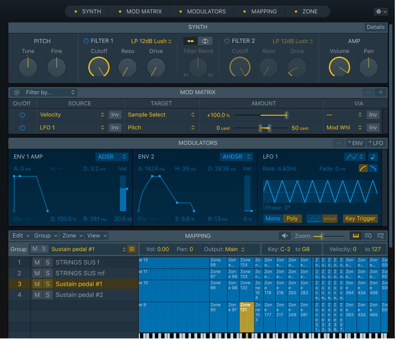 Figure. Interface de Sampler avec sous-fenêtres Synth, Mod Matrix, Modulators et Zone.