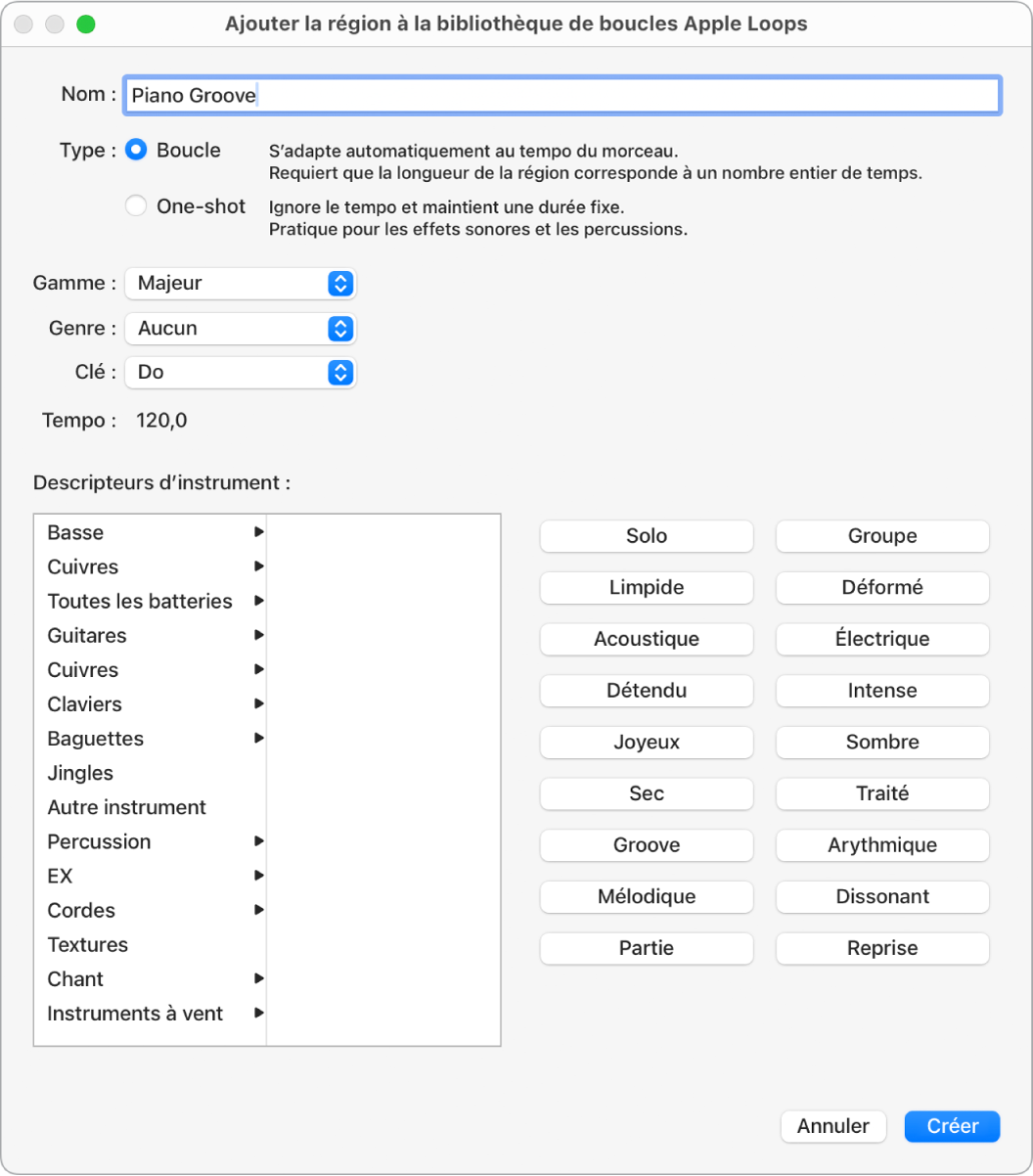 Figure. Zone de dialogue Ajouter la région à la bibliothèque de boucles Apple Loops.
