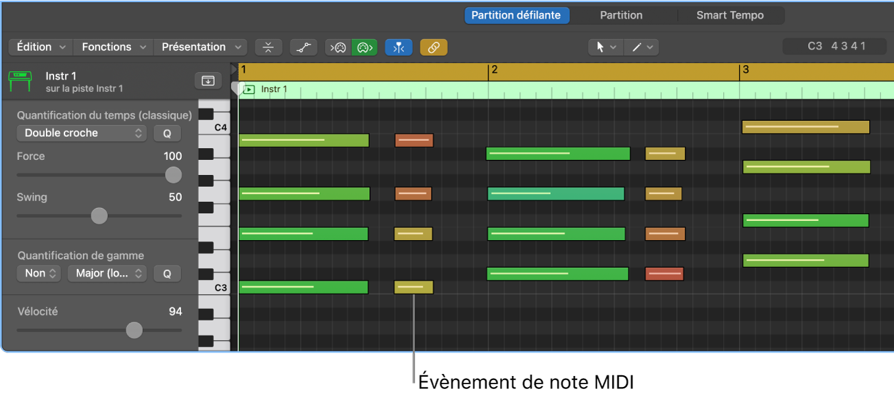 Figure. Éditeur de partition défilante, avec mise en évidence d’un évènement de note MIDI.