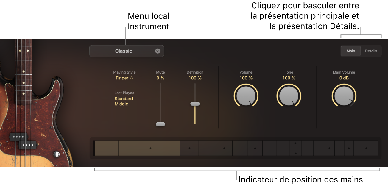 Figure. Studio Bass affichant la présentation principale avec des appels vers le menu local Instrument, l’indicateur de position des mains et le commutateur Main/Details.