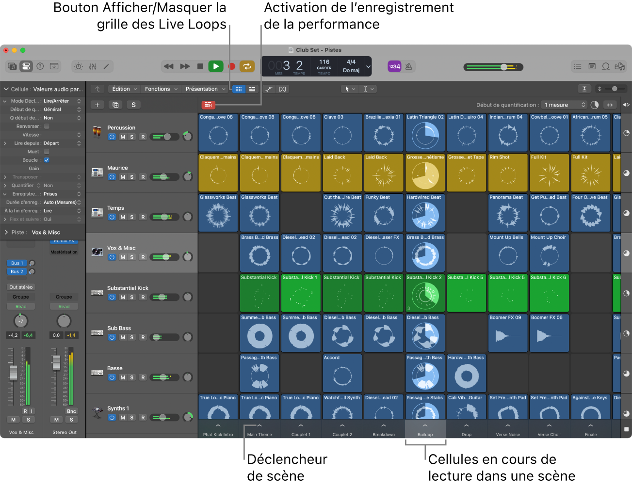 Figure. Grille des Live Loops avec des cellules en cours de lecture.