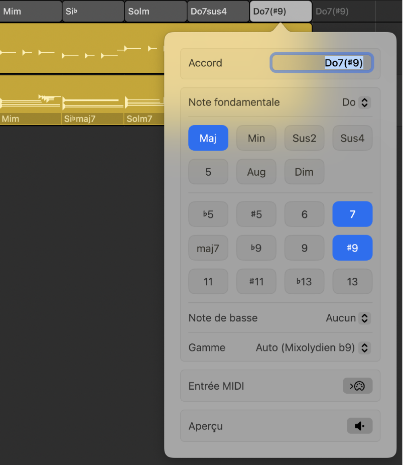 Figure. Zone de dialogue de modification d’accord ouverte et affichant le champ Accord, le menu local Note fondamentale, les boutons Type d’accord, les boutons Extension d’accord, le menu local Note de basse, le menu local Gamme, le bouton Entrée MIDI et le bouton Aperçu.