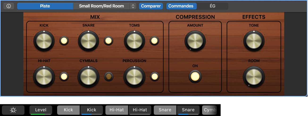 Figure. Raccourcis de l’écran des Smart Controls et des Smart Controls dynamiques pour une piste d’instrument logiciel avec une région Drummer. Raccourcis de l’écran des Smart Controls et des Smart Controls dynamiques.