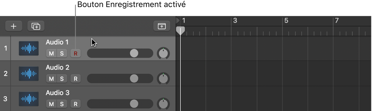 Figure. Sélection de l’en-tête d’une piste audio avec le bouton « Enregistrement activé ».