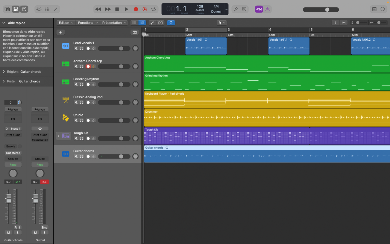 Figure. Zone Pistes affichant des régions audio, d’instrument logiciel et Session Player.