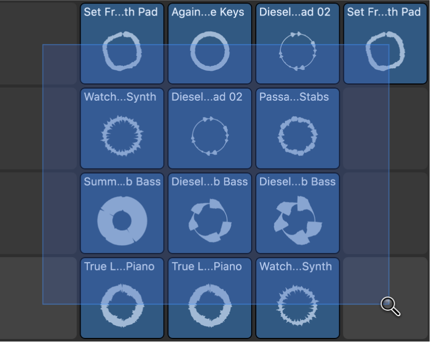 Figure. Grille des Live Loops montrant une sélection de cellule établie à l’aide de l’outil Zoom.