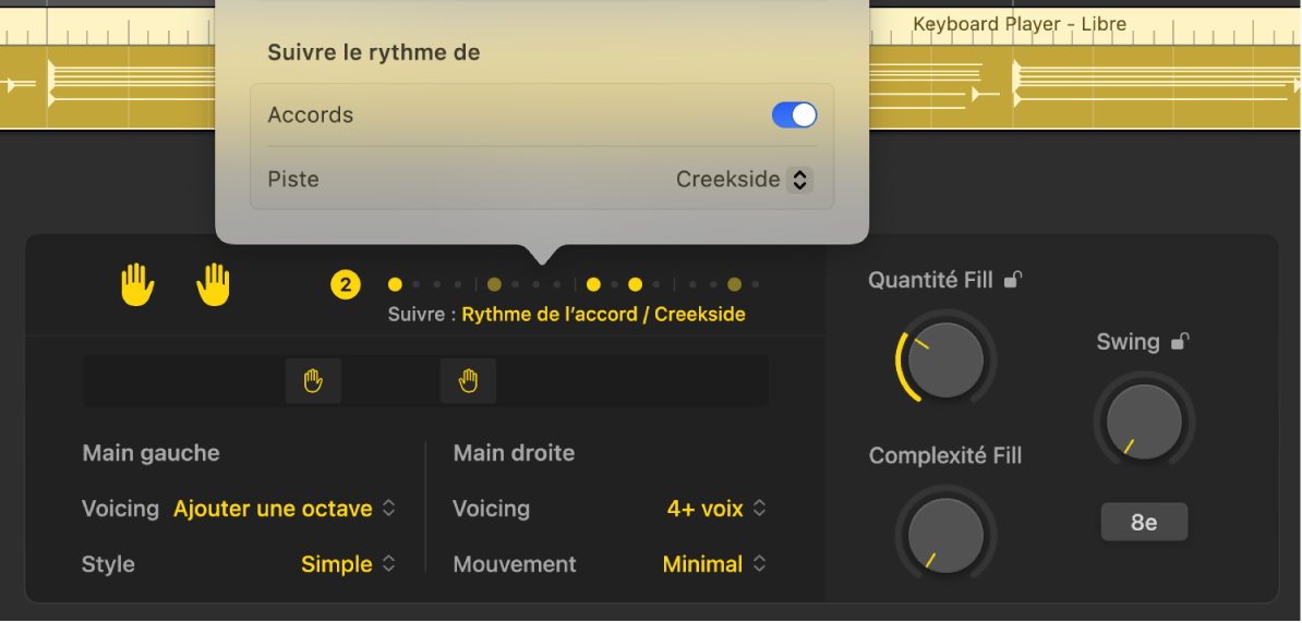 Figure. Section « Suivre le rythme de » du menu Motifs dans l’éditeur de Session Player.