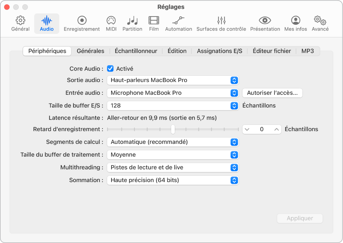 Figure. Réglages des périphériques audio.