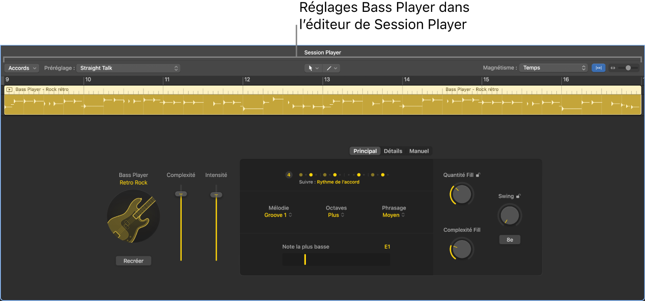 Figure. Éditeur de Session Player avec réglages Bass Player.