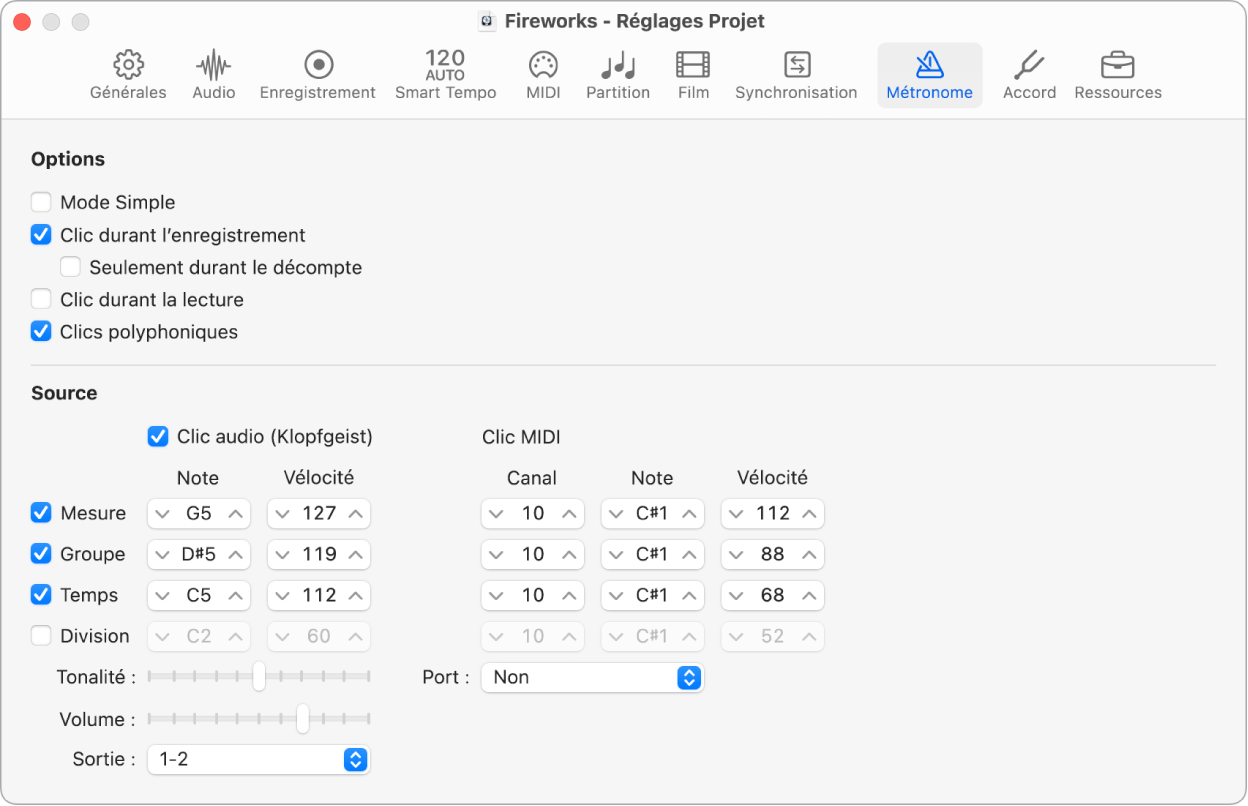 Figure. Réglages Métronome du projet.