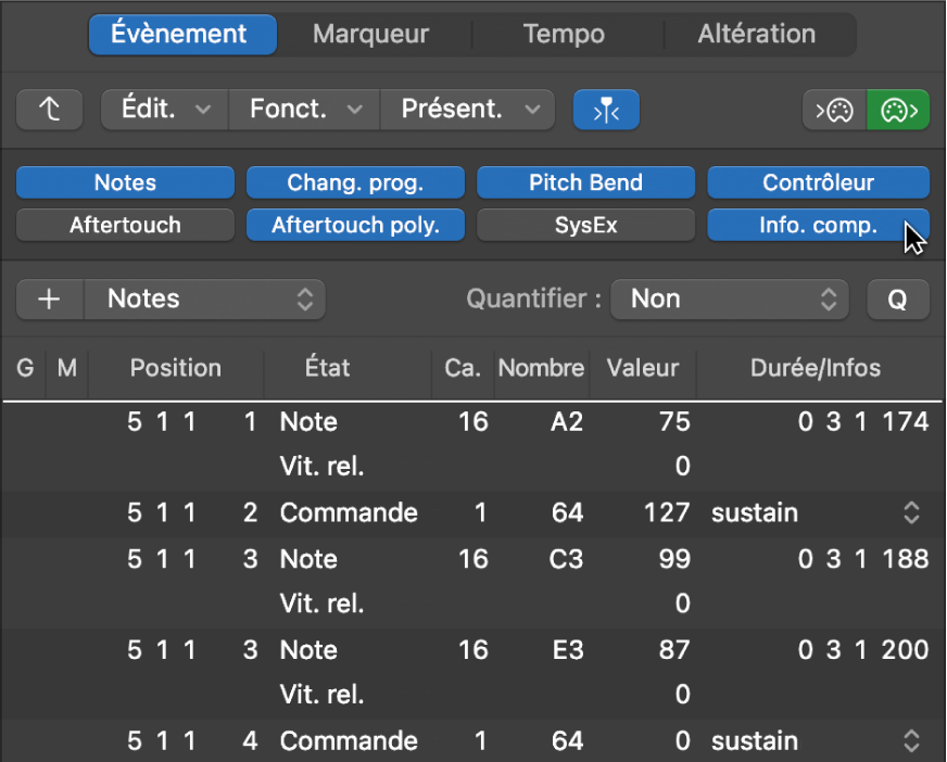 Figure. La Liste d’évènements avec bouton d’informations complémentaires.