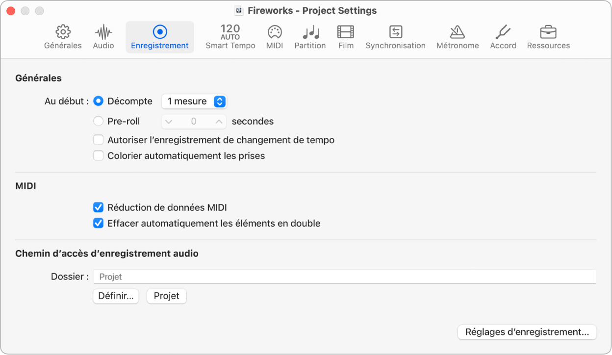 Figure. Réglages d’enregistrement du projet.