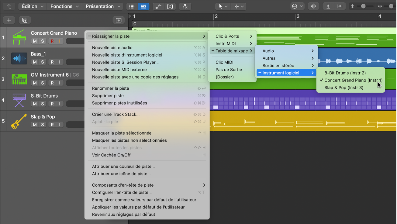 Figure. Menu contextuel Réassigner la piste, avec les destinations.