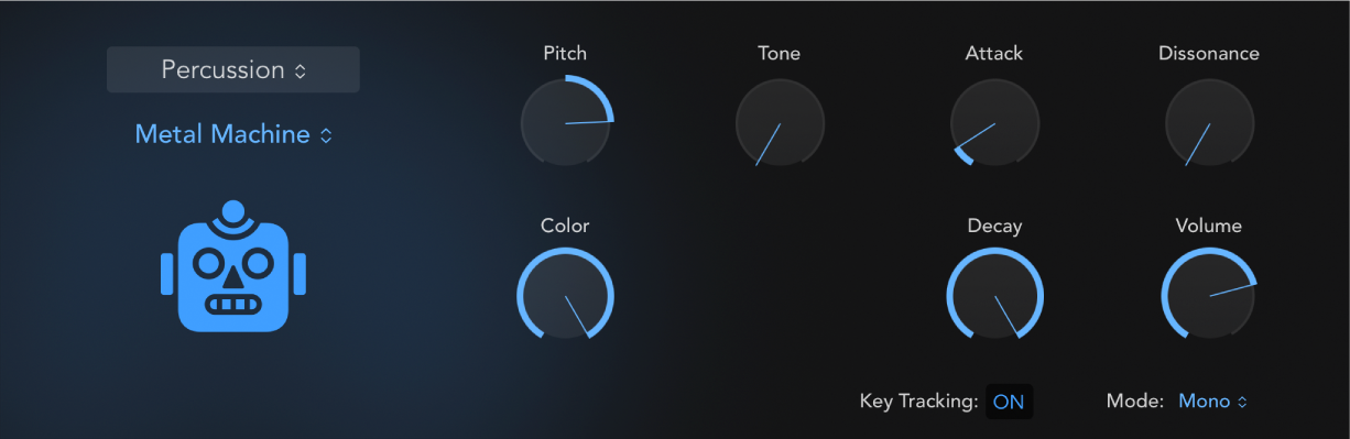 図。Drum Synthのインターフェイス。パーカッションのサウンドと関連パラメータが表示されています。異なるパーカッションサウンドを選択すると、パラメータが変更されます。