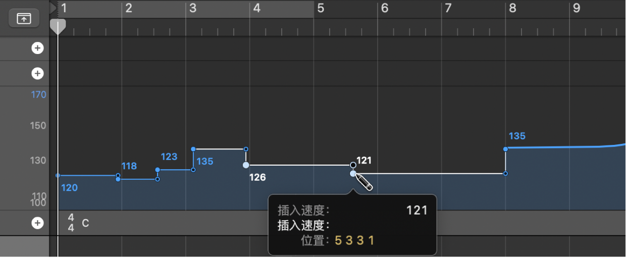 图。使用铅笔工具插入速度改变事件。