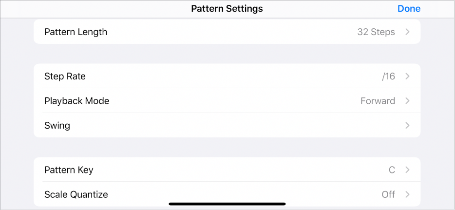 Pattern Settings menu.