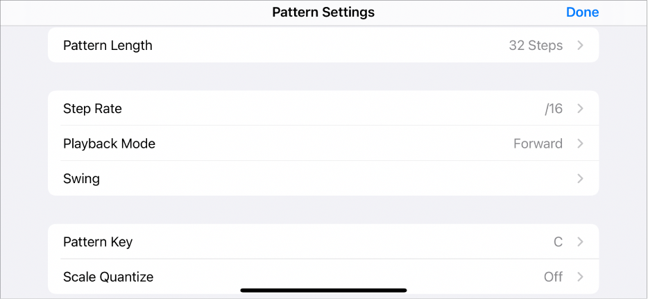 Pattern Settings menu.