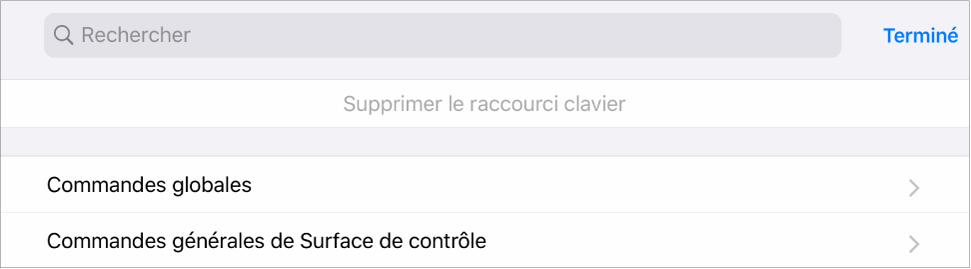 Figure. Volet Raccourcis clavier.