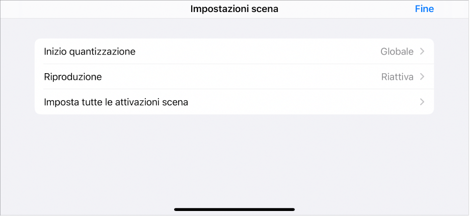 Menu Impostazioni scena.