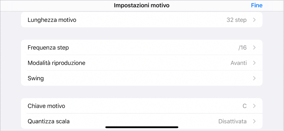 Menu delle impostazioni del motivo.