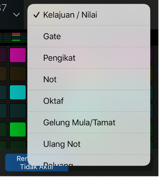 Pemilih mod edit dengan menu dibuka, menunjukkan mod edit.