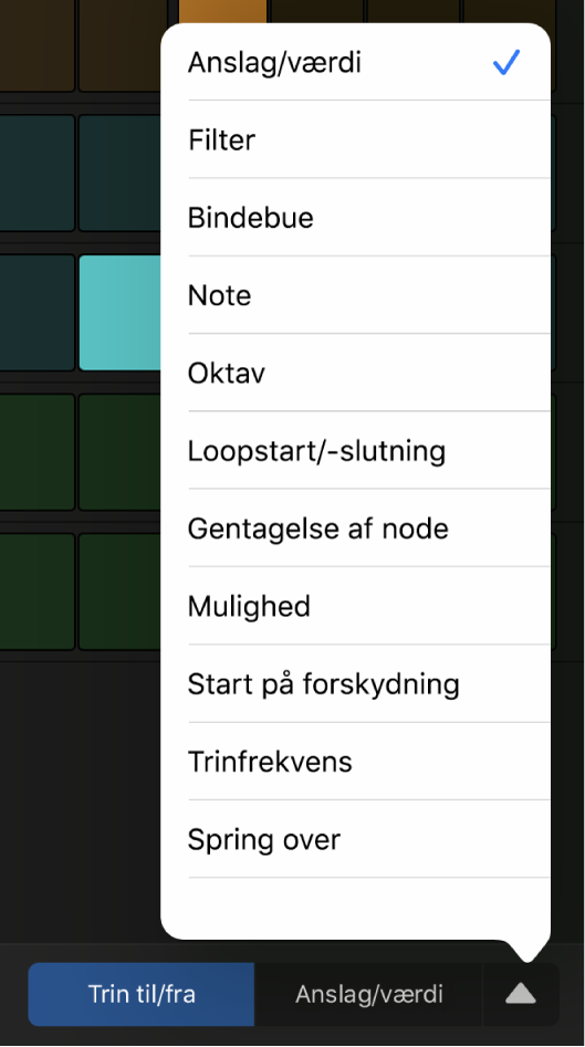 Vælgeren til redigeringsfunktion med åben menu, der viser redigeringsfunktioner.